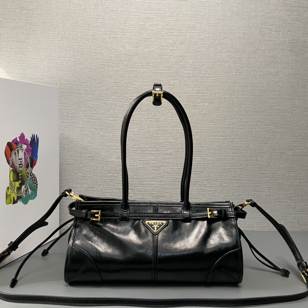 Prada Medium LusSolf Leather Handbag Bag Tote Black 1BA426